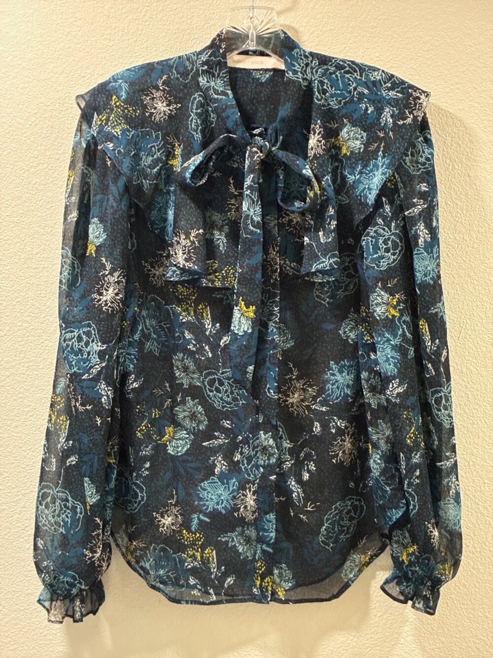 Bishop + Young Blue Floral Tie-Neck Capelet Collar Sheer Blouse Size M Like New